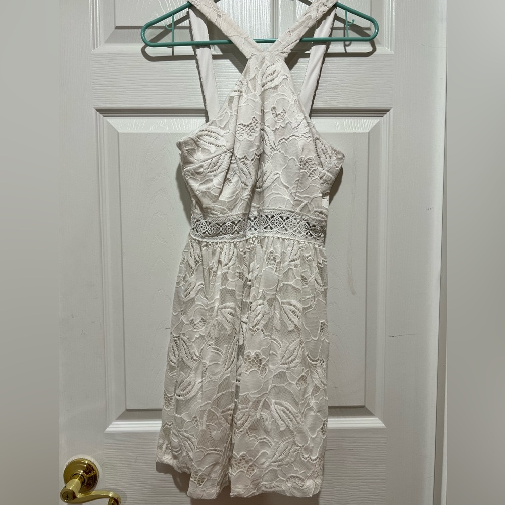 Lace Overlay white dress with band at waist and cross cross straps, sz S